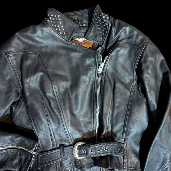 Vtg Harley Davidson Black Leather Jacket Studded Detailing Zippers Moto Sz L - Picture 10 of 14